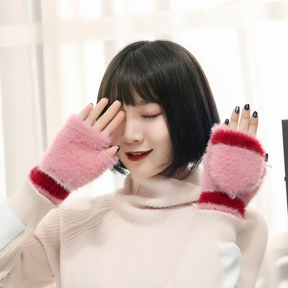 

Wool Thicker Fingerless Gloves Women Patchwork Winter Warm Knit Flip Half Finger Gloves Mittens Unisex Multicolor Harajuku Warm