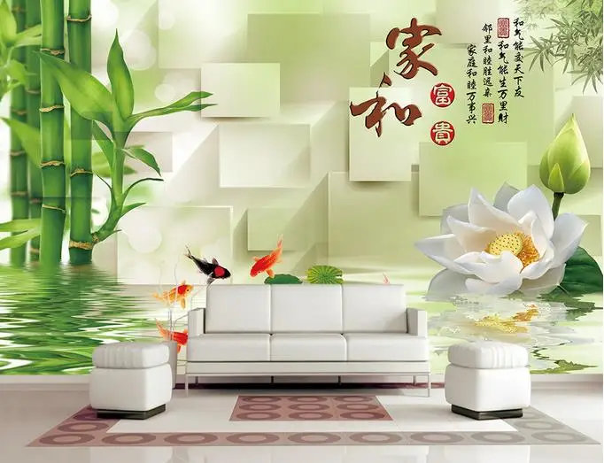 Custom 3d photo wallpaper wall murals Lucky Bamboo House and lotus fish 3D TV backdrop | Обустройство дома