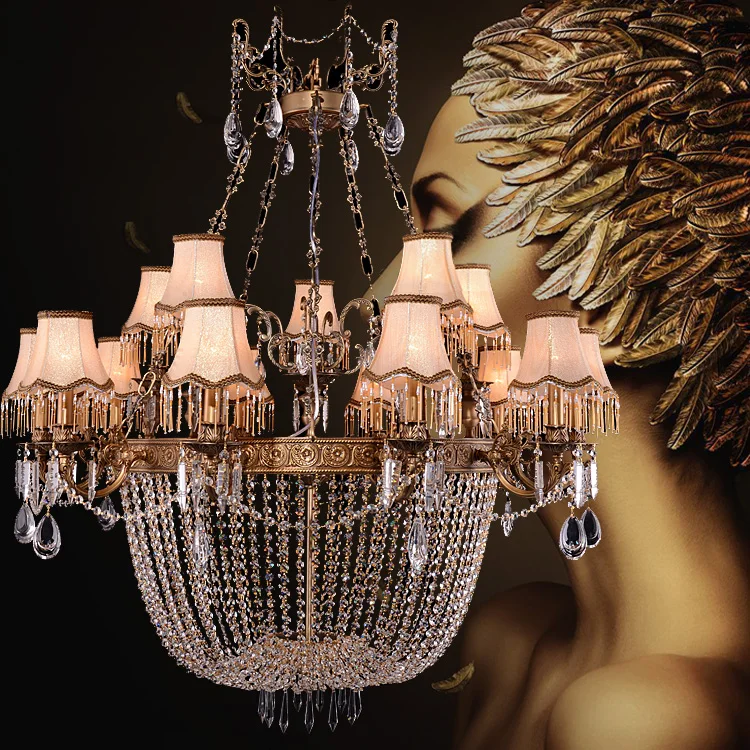 Villa Large Retro Bronze Chandelier Crystal Chandeliers lustre hotel Pure Copper lamp lampshade cristal Lustres E Pendentes Sala | Лампы и