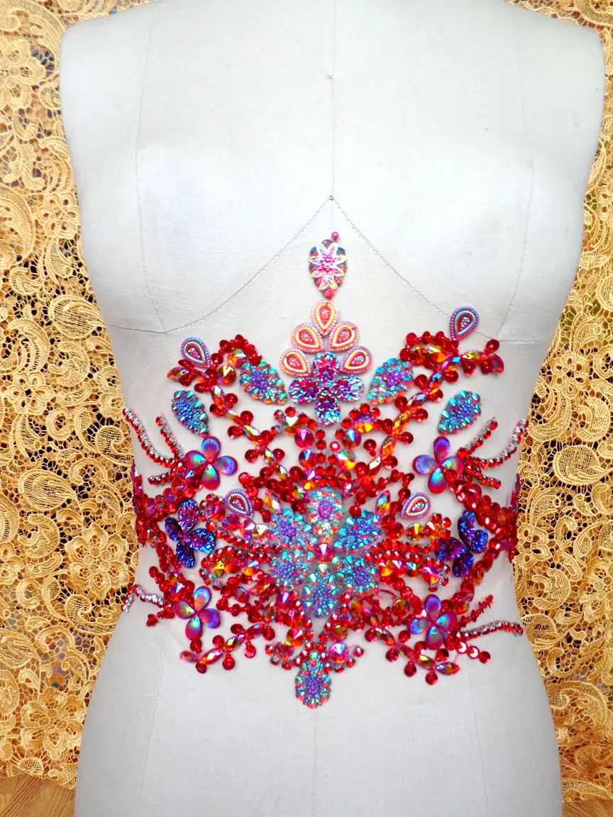 A156 ручной работы красные пришивные стразы аппликация кристаллы нашивки 35*22 см