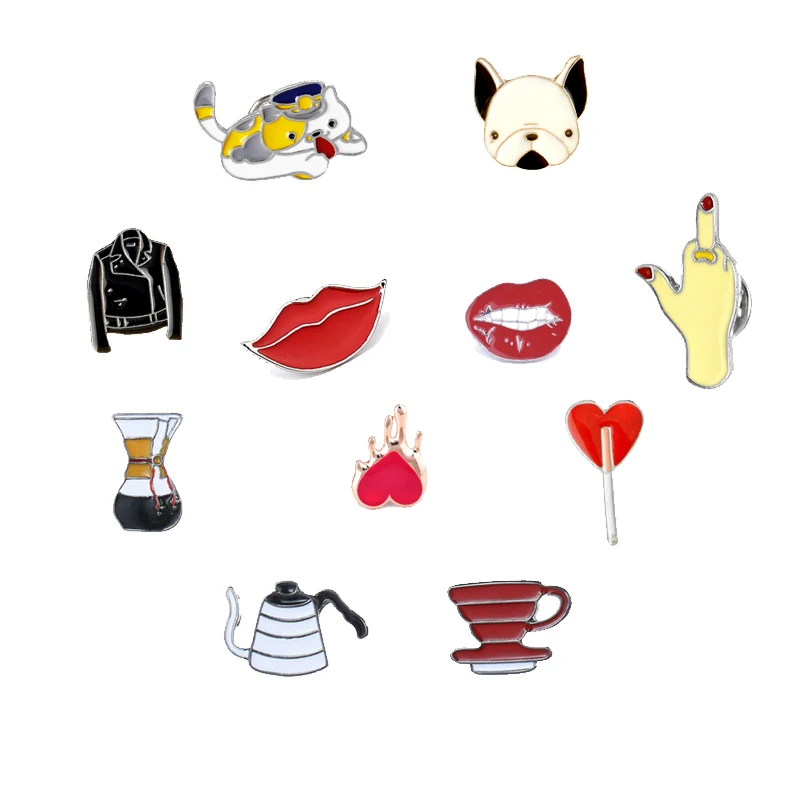 

Cute Animal Cat Dog Coffee Tool Kettle Cup Lips Love Clothes Creative Cartoon Pins Brooch Coat Packet Metal Pin Brooches Jewelry