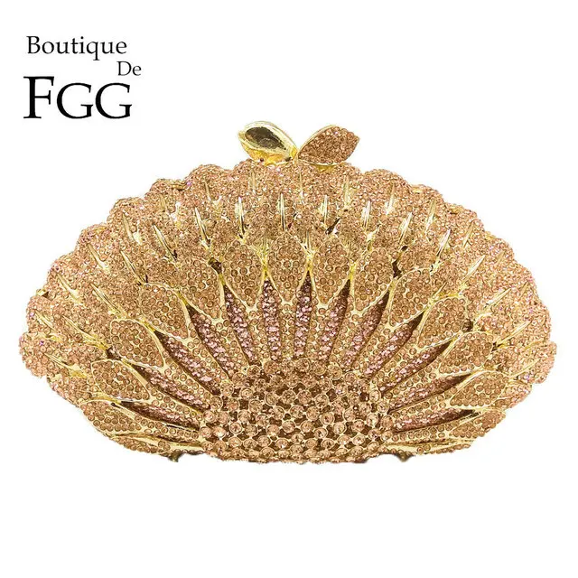 Champagne Clutch Bag Бутик De FGG элегантная Золотая павлина Женская вечерняя сумка-клатч со стразами сумочки-косметички свадебный ужин кошелек с ромбовидными кристаллами и ручками - Цвет: Champagne Clutch Bag