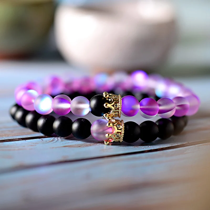 

Natural Moonstone Beads Couple Bracelets Men CZ Charm Gold Color Copper Crown Bracelet For Women Lover Beaded Bracelet AB249