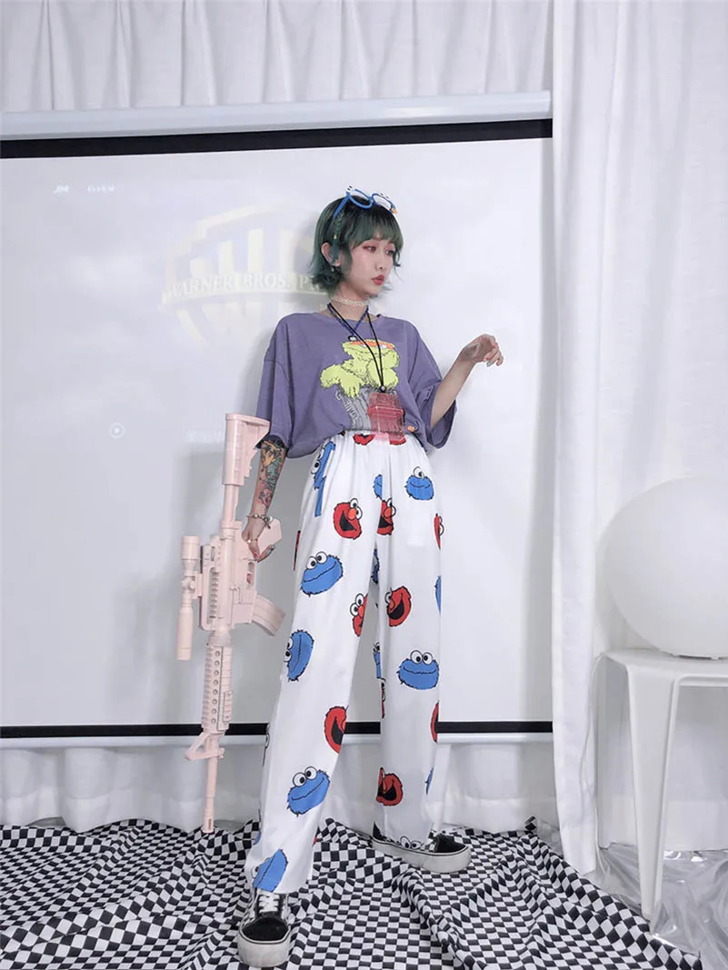 NiceMix Harajuku/Детские милые свободные летние прямые штаны для отдыха и отдыха с принтом героев мультфильмов для девочек штаны в стиле хип-хоп, прямые штаны