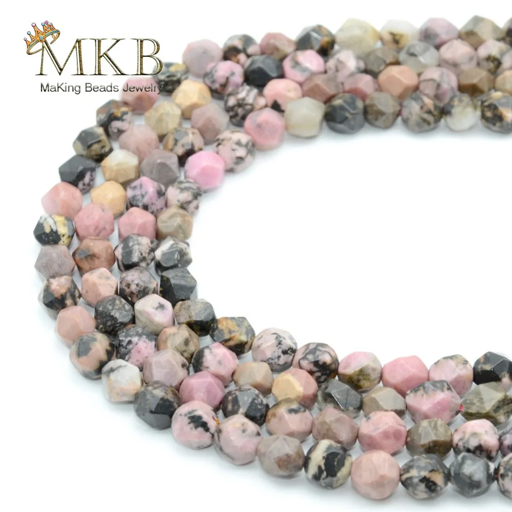 

Граненые бусины из натурального камня родонита с черным кружевом для изготовления ювелирных изделий, 8, 10, 12 мм, полудрагоценные бусины «сде...