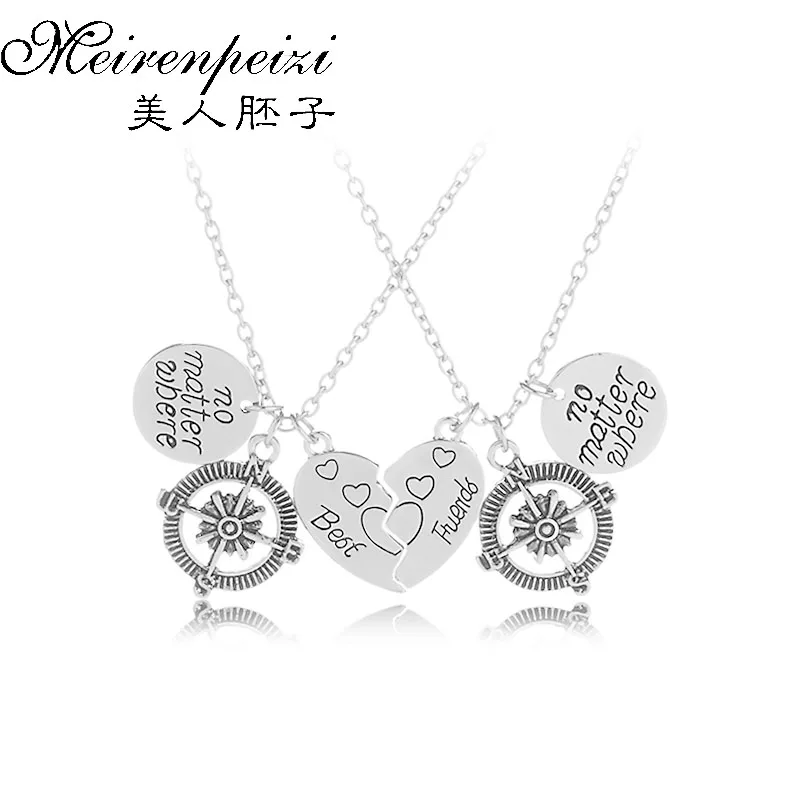 

2PCS/Best Friend "No Matter Where" Compass Charm Necklaces Set Broken Heart Necklaces Long Distance Friendship Jewelry Gift