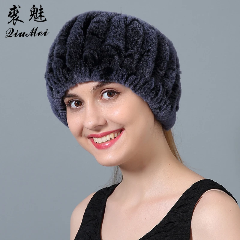 Женская шапка из натурального меха вязаная повязка на голову кролика Рекс