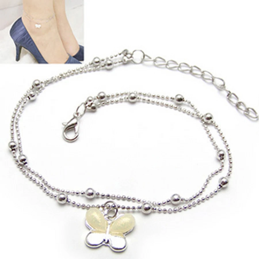

double deck rhinestone butterfly pendant alloy anklets for women