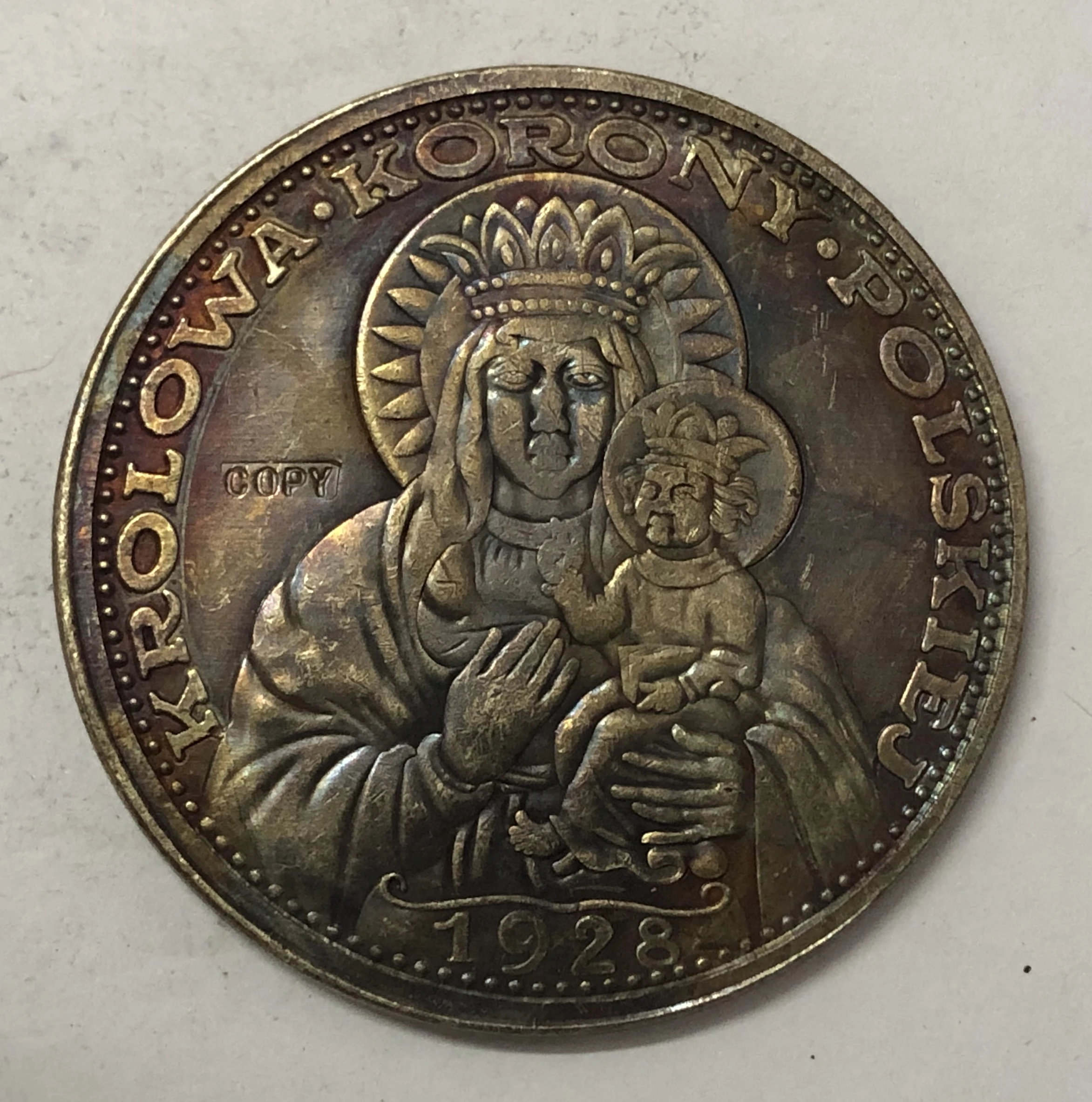 1928 Польша 5 злотых черная Мадонна Czestochowa частный lssue Re strike Pt|Безвалютные монеты| |