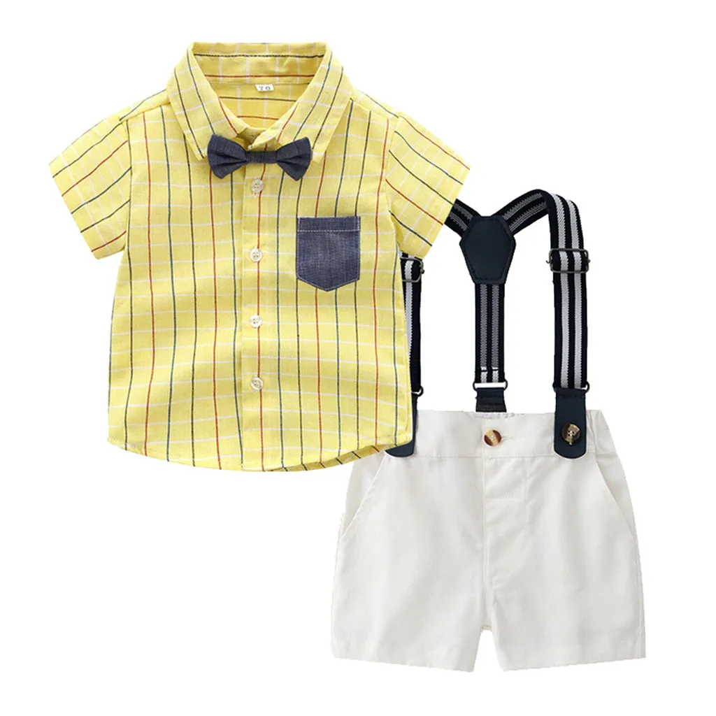 Summer cool bib Toddler Baby Boys Gentleman Bow Tie Plaid T-Shirt Tops+Shorts Overalls Outfits toddler boy clothes mickey #06 |