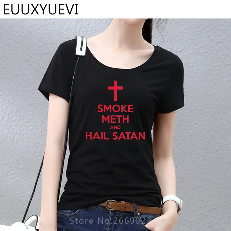 Женская новая летняя стильная модная футболка с надписью Hail satan Повседневная
