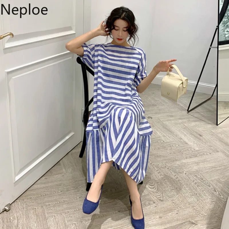 Neploe Полосатое женское платье лето 2019 Ретро стиль круглый вырез короткий рукав с