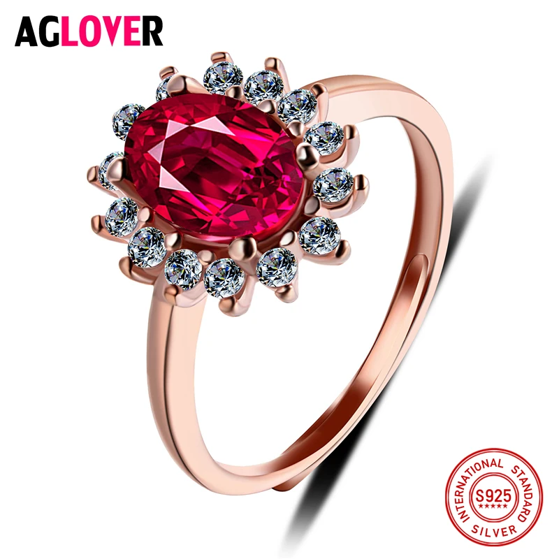 

Authentic 925 Sterling Silver Rose Gold Flower Resizable Rings For Women Romantic Red Crystal Wedding Rings Support Wholesale
