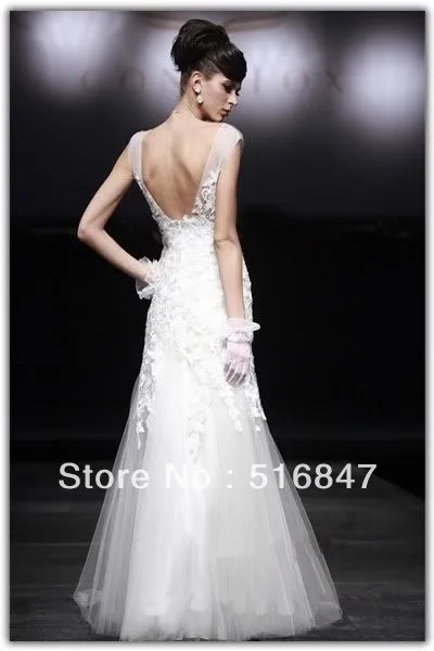Free Shipping New Elegant White/Ivory Long Cap Sleeve Tulle Applique Wedding Dresses Bridal Gown Custom Size 4 6 8 10 12 14 16++ |