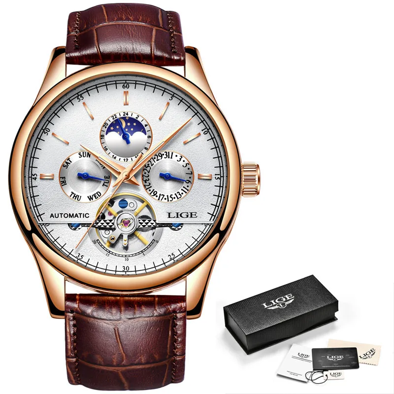 LIGE 2019 Топ бренд роскошные модные мужские кожаные часы Tourbillon автоматические