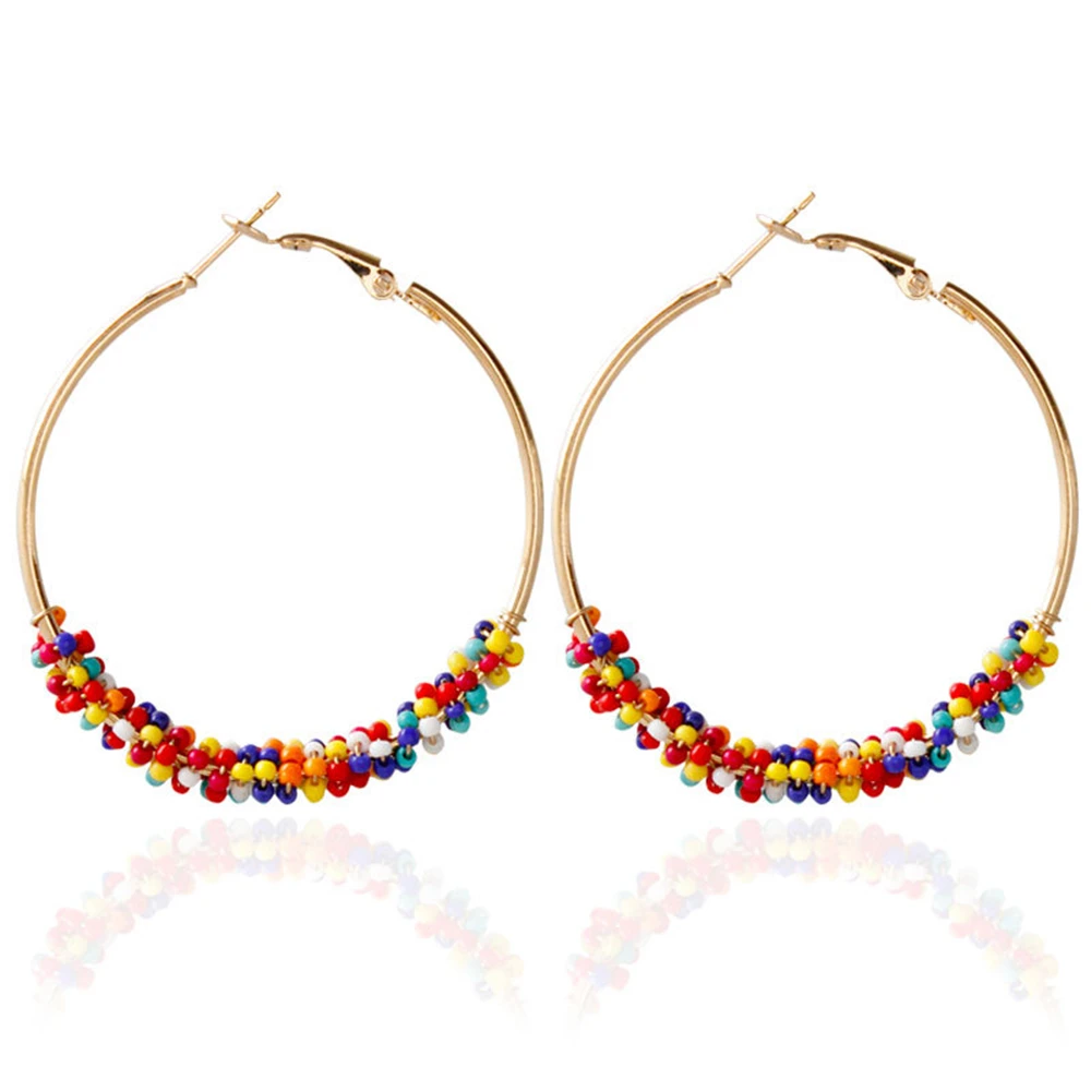 Большие серьги круглой формы Boho с бисером и золотым покрытием в 4 цвета для женщин. Модные украшения в стиле бохо.