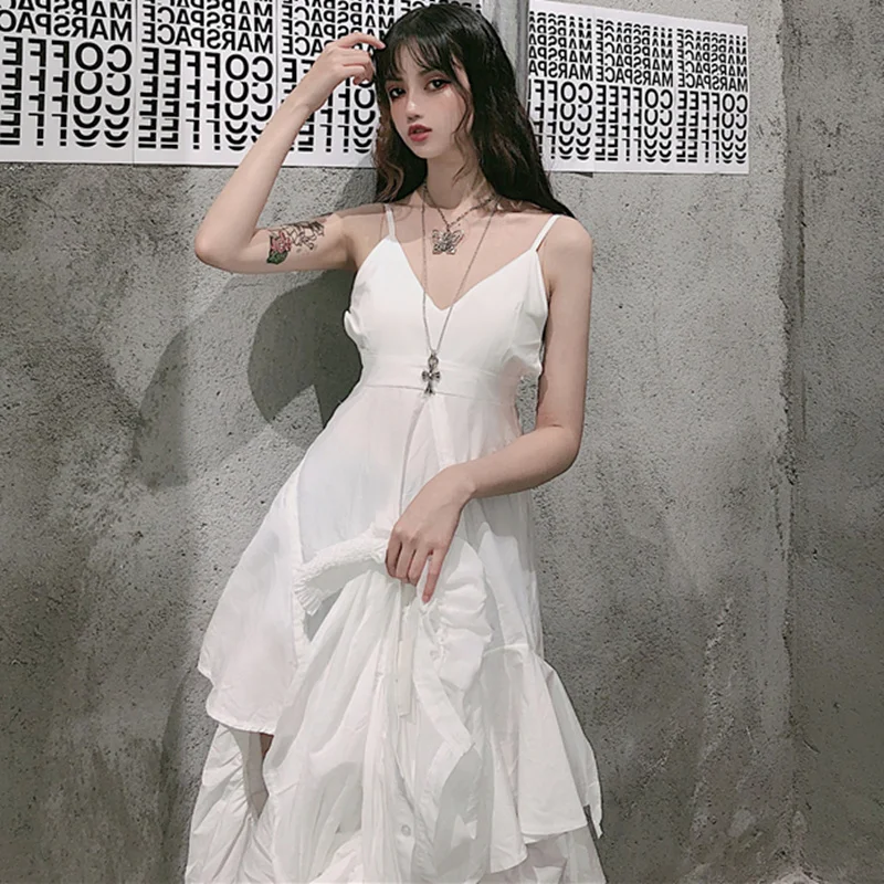 Gothic Dress Women Summer Holiday Style V-Neck White Spaghetti Strap Ladies Asymmetric Ruffle Backless Dresses robe femme | Женская