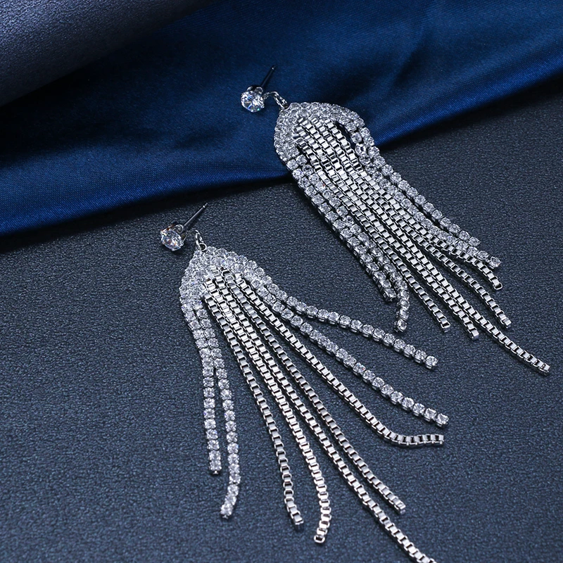 Yhpup Bling Длинная кисточка из горного хрусталя Висячие Серьги Медь золото; серебро; Сережки для женщин Роскошные ювелирные изделия для вечерние подарок на свадьбу