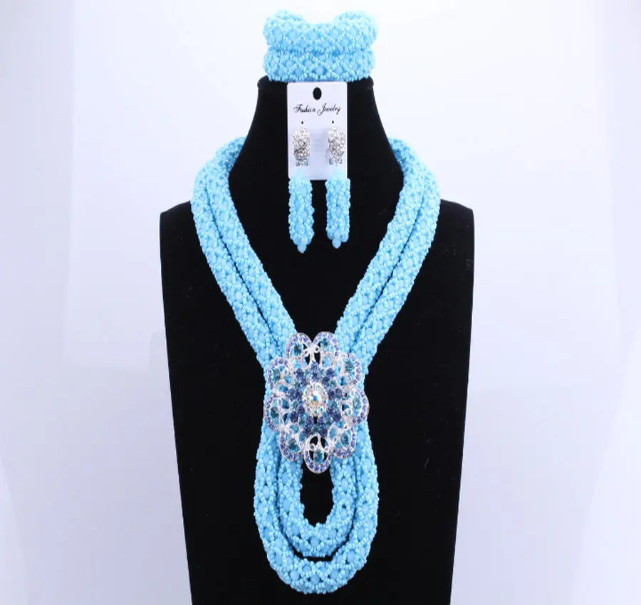 2017 синий африканский Кристалл бусы ожерелье набор двухслойный большой дизайн
