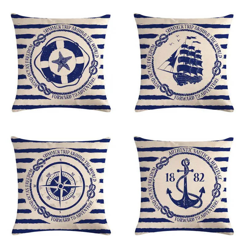 

RUBULOVE Sea Blue Compass Printed Cushion Cover Anchor Pattern Marine Ship Throw Pillow Case Decorative Pillowcase Home Deocr