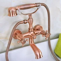 antique red copper brass dual cross handles wall mounted clawfoot bath tub faucet mixer tap with hand shower spray mna339