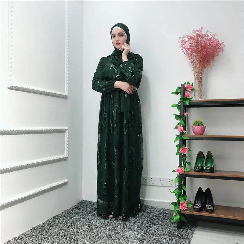 Зеленый Роскошные мусульманские кружевные женские платья с вышивкой Абая, длинные платья с длинным рукавом, халат, платья Jubah, Ближний Восток, Рамадан, Исламская одежда из Дубая - Цвет: Зеленый