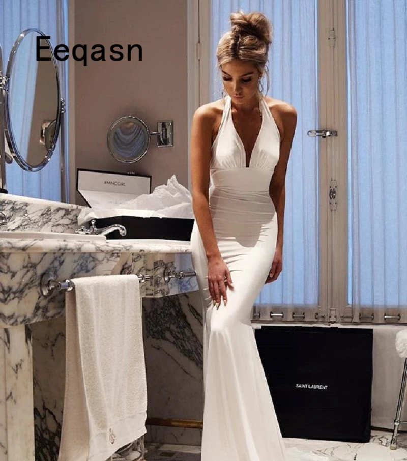 Простое белое свадебное платье соблазнительное длинное атласное цвета слоновой