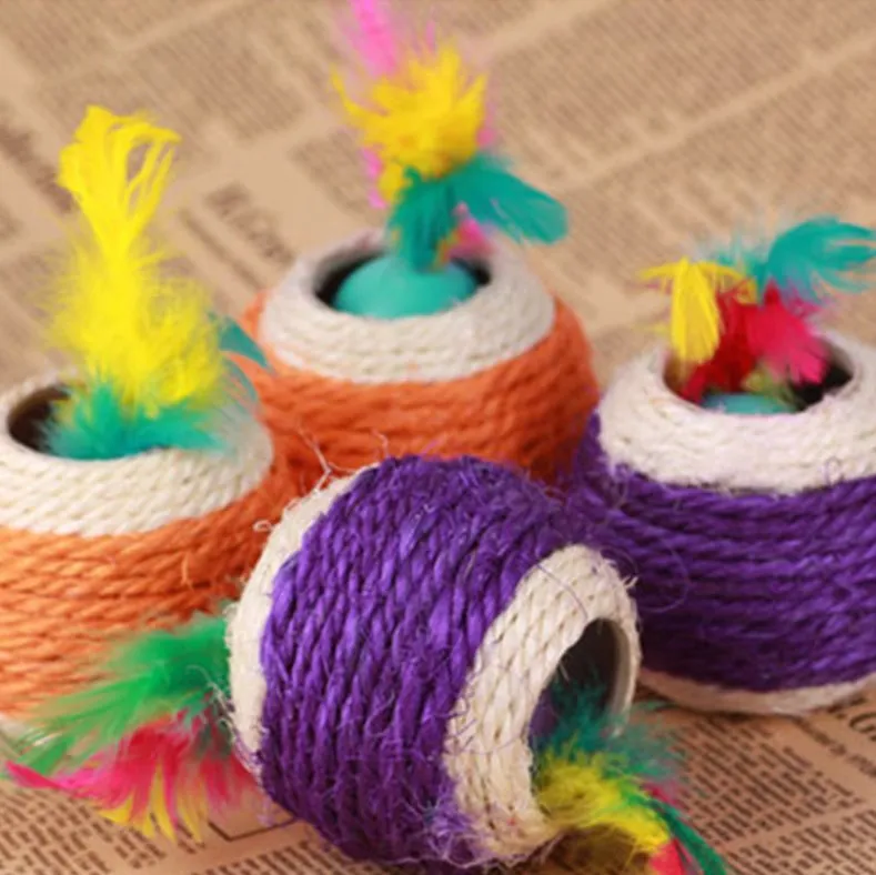

New Cat Pet Colorful Sisal Rope Chase Feather Ball Cute Kitten Play Exercise Toy