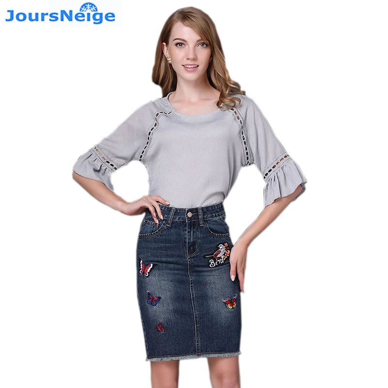 Плюс размер синяя джинсовая юбка 2017 Осенняя Новая повседневная вышитая с высокой