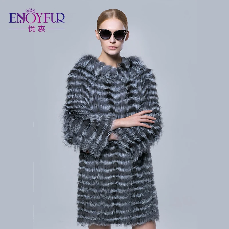 ENJOYFUR новый настоящее silver fox меховой полосы пальто с cap средний длинный мех куртки