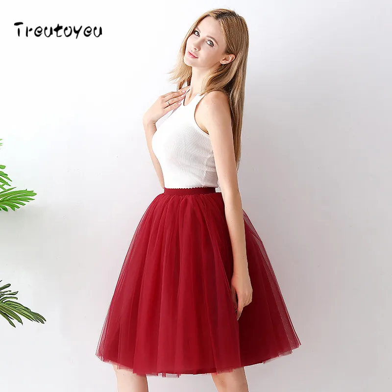 Wine red 6 слоев миди Тюлевая юбка высокая талия пачка цвета шампань юбки женские Лолита юбка эластичный пояс Лето faldas saia jupe - Цвет: Wine red