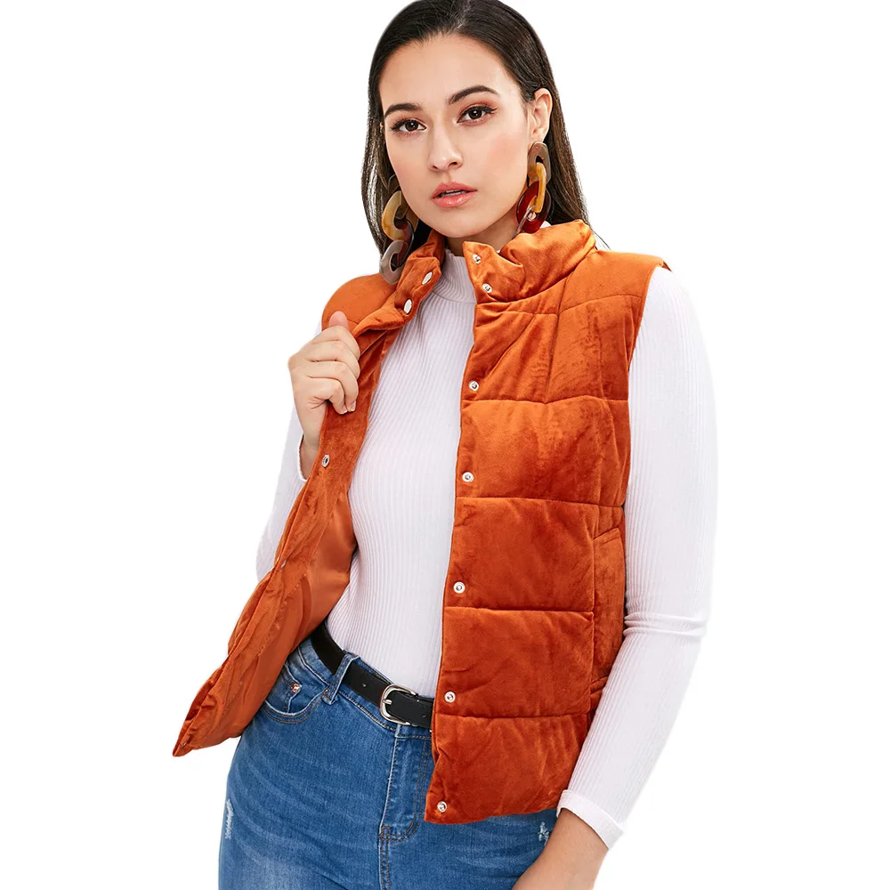 VESTLINDA бархатный жилет для женщин пуховый на кнопках воротник стойка без рукавов