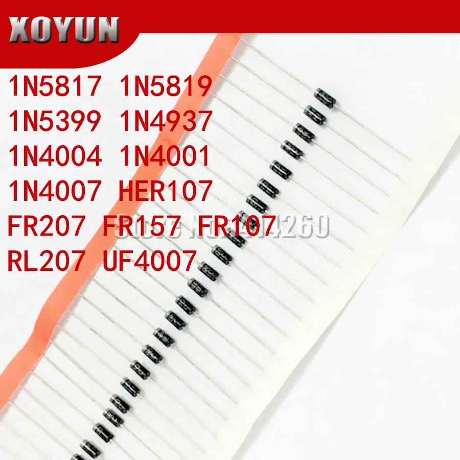 100 шт. 1N5817 1N5819 1N5399 1N4937 1N4004 1N4001 1N4007 UF4007 HER107 FR207 FR157 FR107 RL207 DO 41|Диоды| |