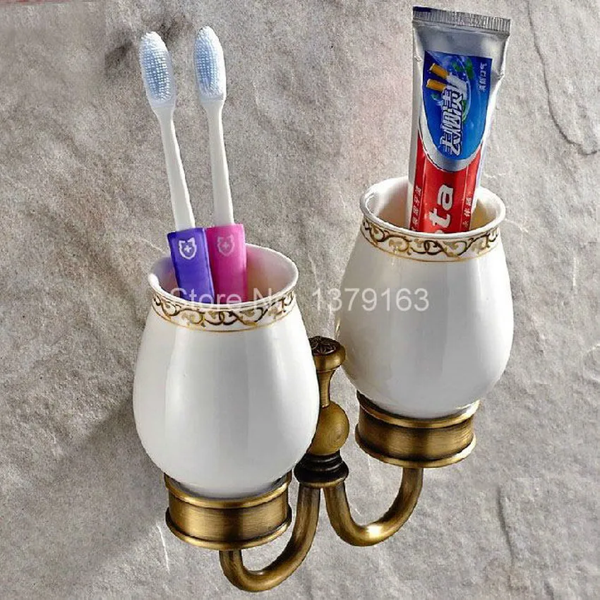 

Vintage Brass Antique Retro Flowers Base Bathroom Bath Tumbler Holder with Double Ceramics cup Wall Mounted aba495