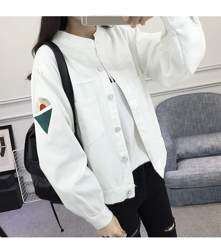 Женская джинсовая куртка с длинным рукавом белая вышивкой весна осень 2019|Женские