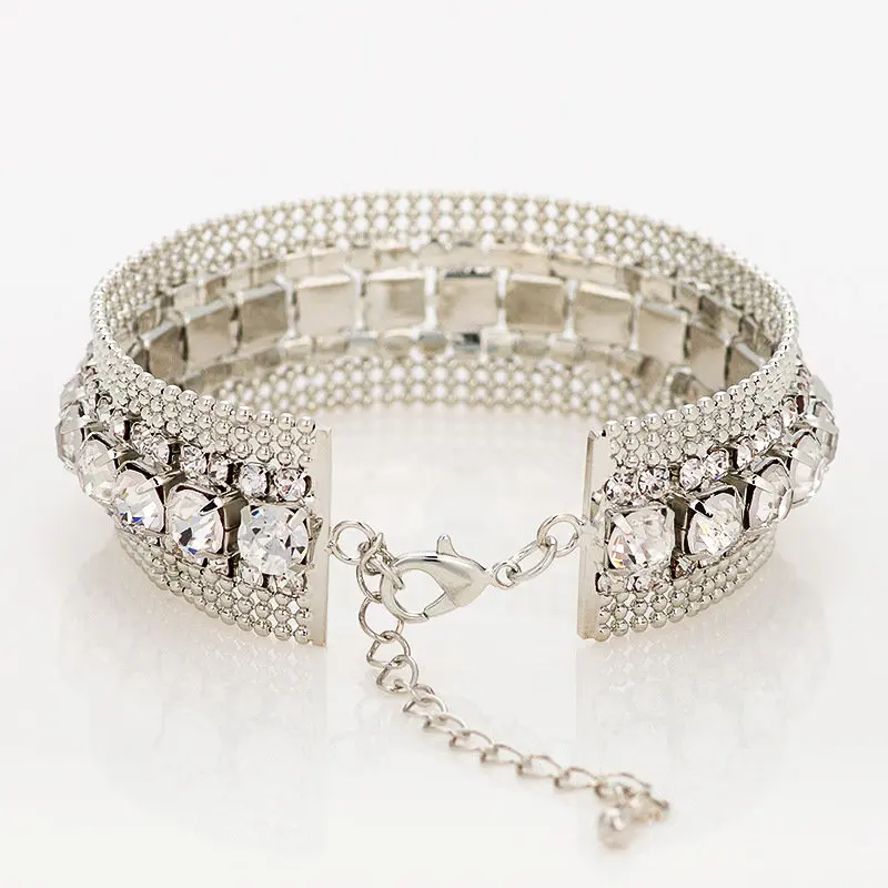 

Classic Link Chain Full Rhinestones Bracelets For Female Silver Color Crystal Bracelets & Bangles Femme Bridal Wedding Jewelry