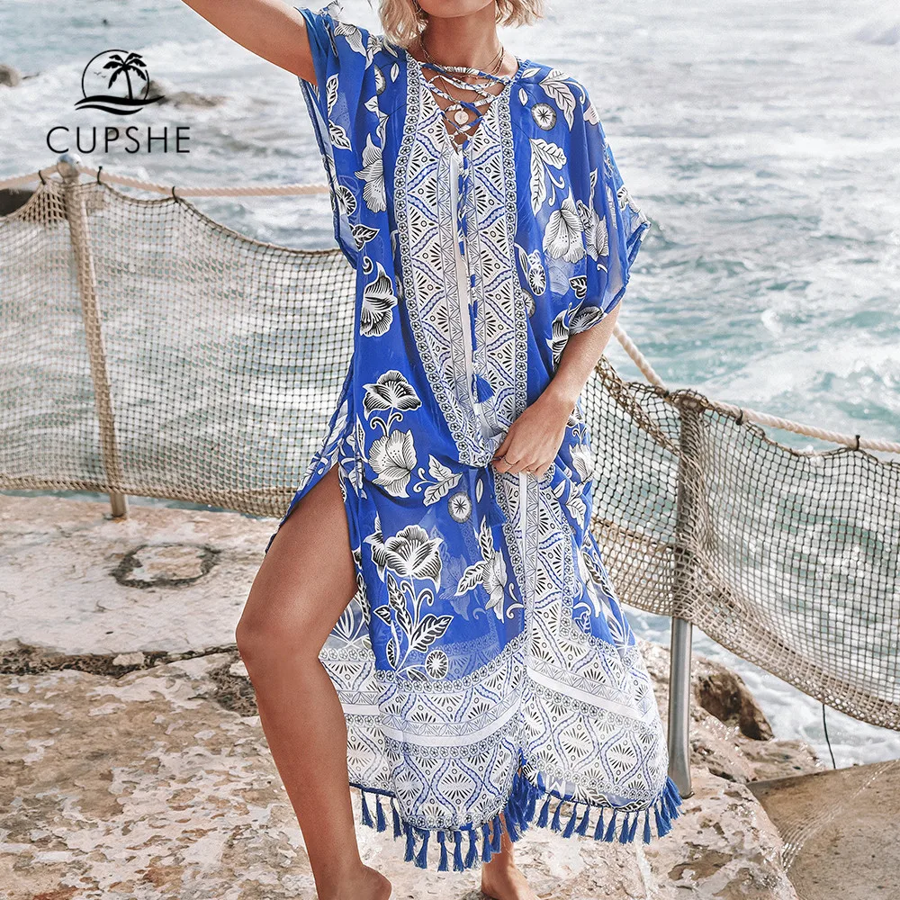 CUPSHE/синее и белое бикини с цветочным принтом закрывающее сексуальное длинное