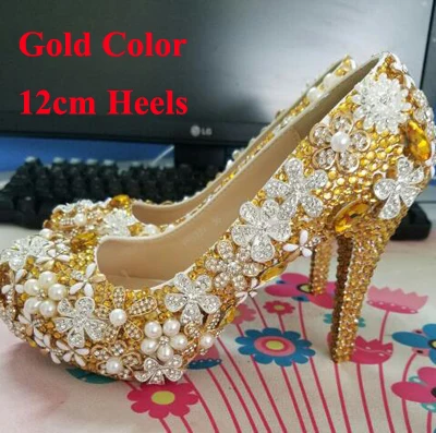 Gold 12cm Heels Г., модные удобные свадебные туфли золотистого цвета женская обувь Свадебная обувь на платформе и высоком каблуке со стразами ручной работы из натуральной кожи - Цвет: Gold 12cm Heels
