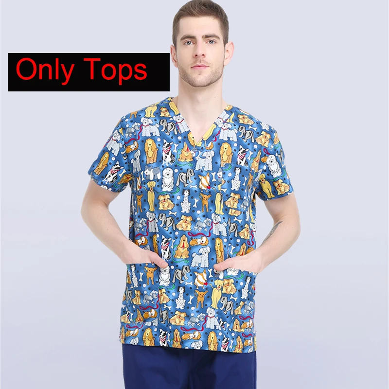 tops Ветеринарная рабочая одежда с рисунком щенка, хирургический халат, медицинская Профессиональная форма, набор для домашних животных, больница, форма для врача, медсестры - Цвет: tops