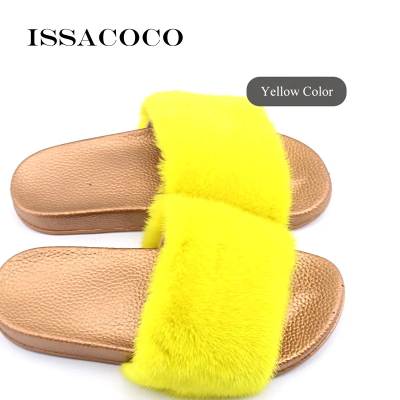 Yellow ISSACOCO/женские тапочки на плоской подошве из натурального меха норки; Женские однотонные тапочки из меха норки на нескользящей подошве; домашние шлепанцы Zapatillas Pantufas - Цвет: Yellow