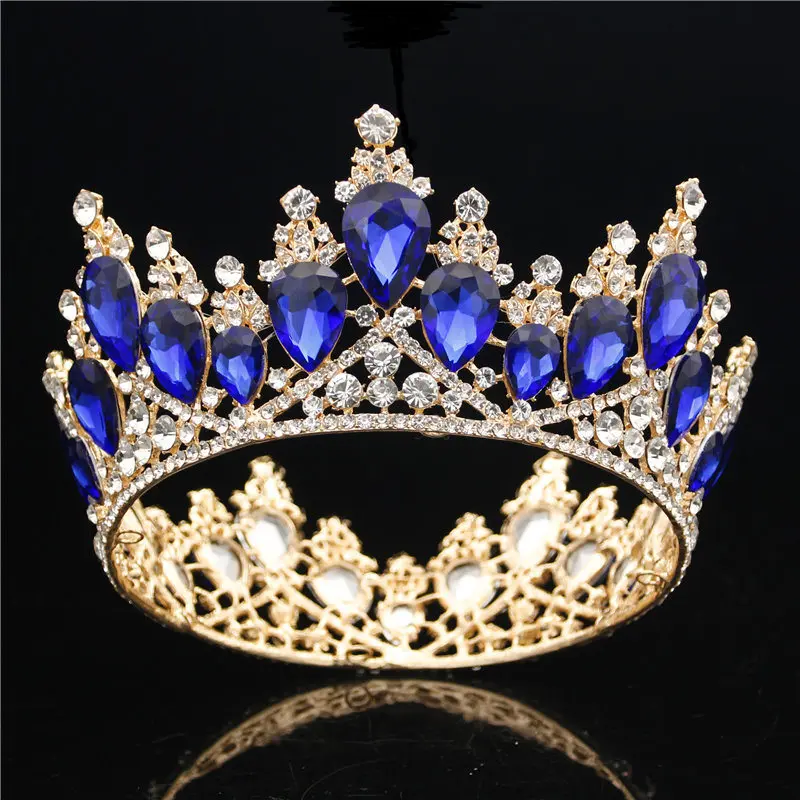 Gold Blue Потрясающая Серебряная кристальная полная круглая Корона невесты, роскошная свадебная диадема, корона для невесты, ювелирные украшения для волос, аксессуары - Окраска металла: Gold Blue