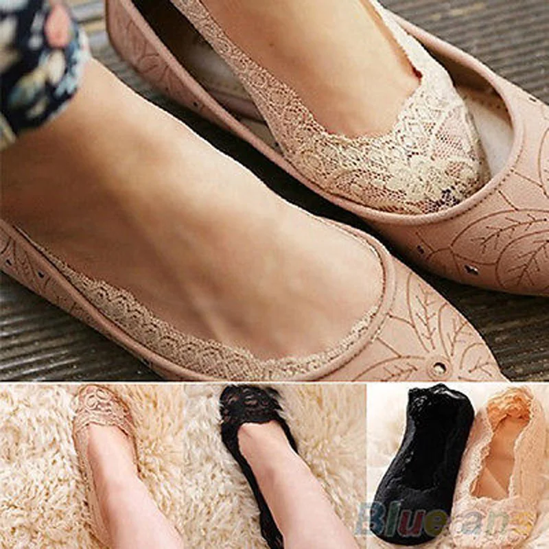 

New Women Ladies Cotton Lace Antiskid Invisible Liner No Show Peds Low Cut Sock