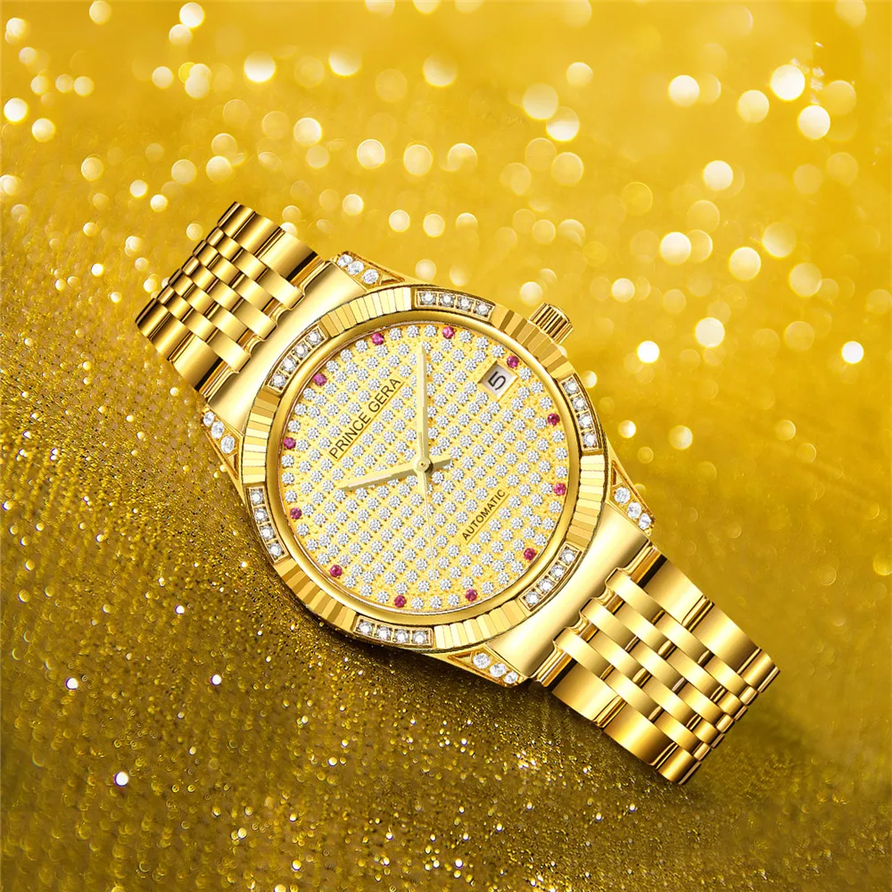 

PRINCE GERA Luxury 18K Gold Diamonds Automatic Watch For Men Sapphire Glass Shining Diamonds Mechanical Automatic Wristwatch