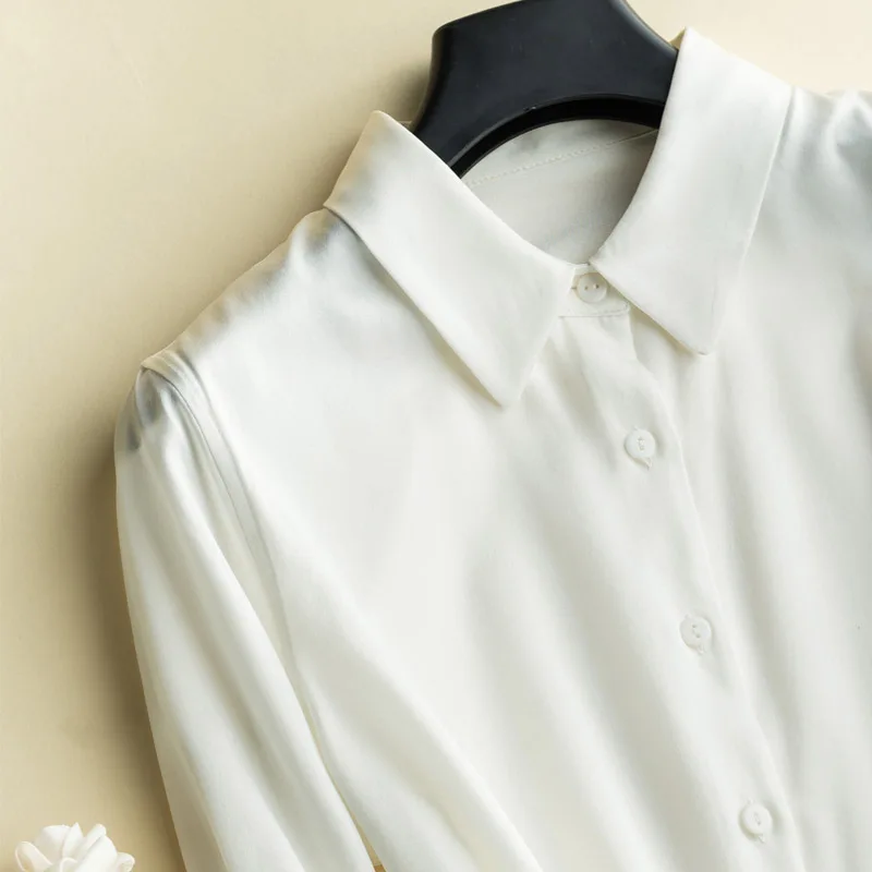 2020 Spring Satin Silk Turn-down Collar Long Sleeves OL Ladies Shirt Women Solid Comfort Elegant 19 Momme Real | Женская одежда