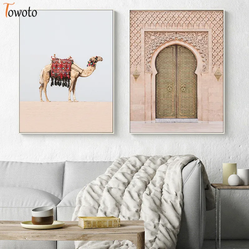Постер в стиле бохо пейзаж пустыни холст картина дверь верблюд печать украшение