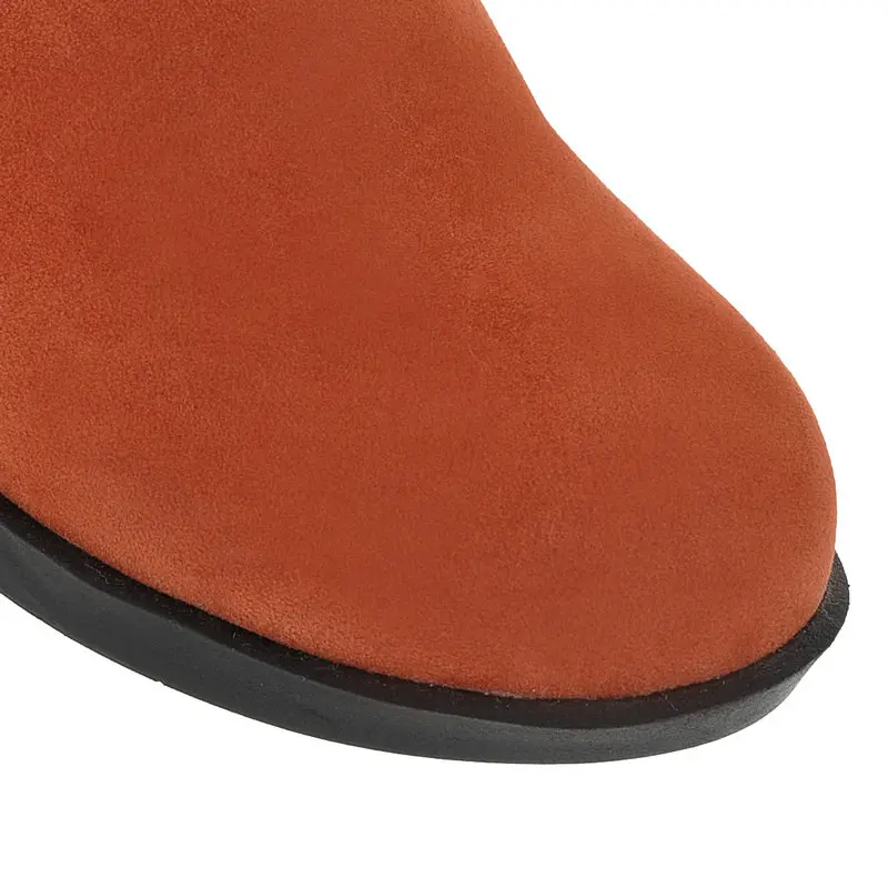 QUTAA Scrub Fashion Round Toe Casual Mid Calf Boots Buckle Comfort Low Heel Winter Warm Fur Orange Women Shoes Size 34-40