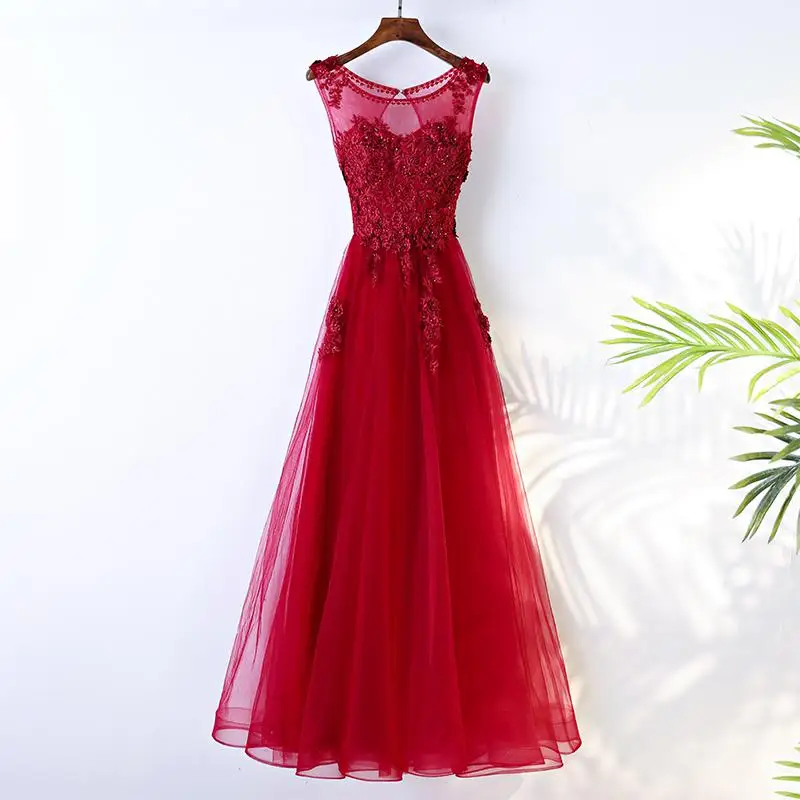 Темно-синее длинное платье для выпускного вечера es Tulle Gala Jurken Appliques Бисероплетение vestido de festa без рукавов платье для выпускного вечера женское вечернее платье - Цвет: Burgundy