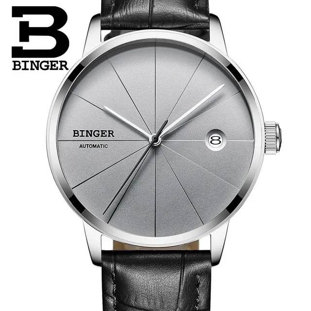 Leather Gary Switzerland BINGER мужские часы Топ люксовый бренд Япония Seiko автоматическое механическое движение часы досуг бизнес синий horloges - Цвет: Leather Gary