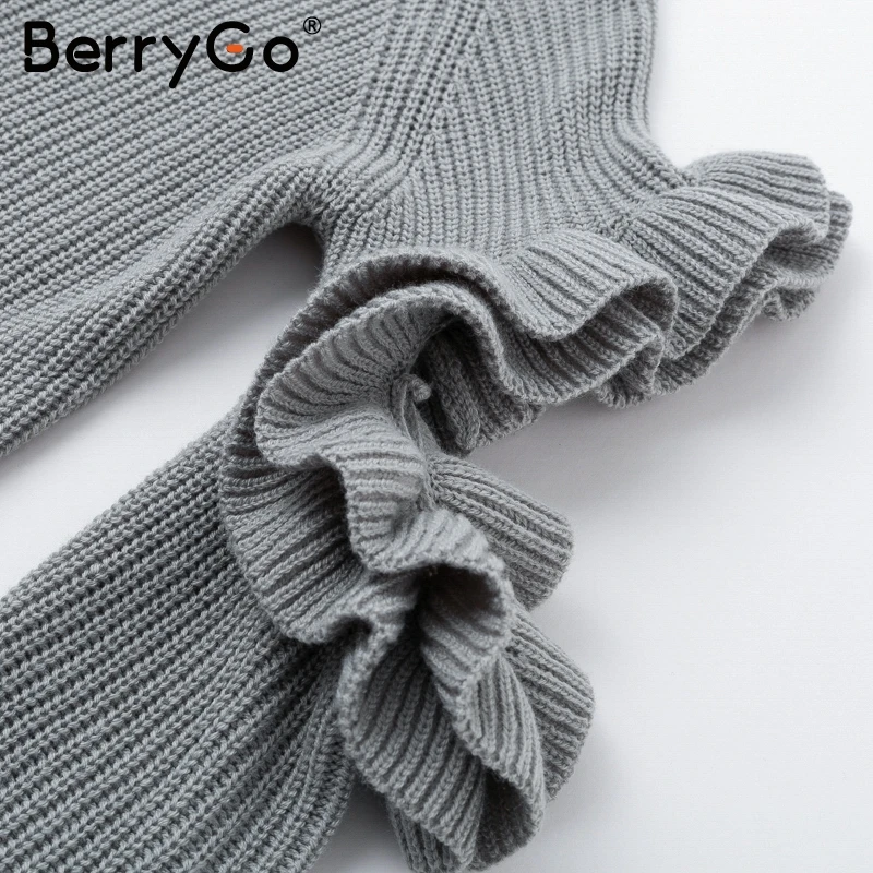 BerryGo Hollow out ruffle sleeve sweater pullover Casual loose warm 2018 Streetwear pull femme jumper | Женская одежда