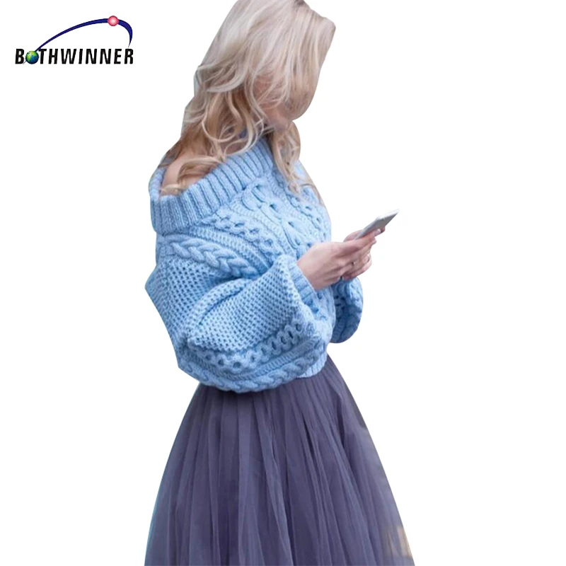 Bothwinner Women Casual Pullover Sweaters Ladies Autumn Blue Cable Knit Long Sleeve Off The Shoulder Oversized Sweater | Женская одежда